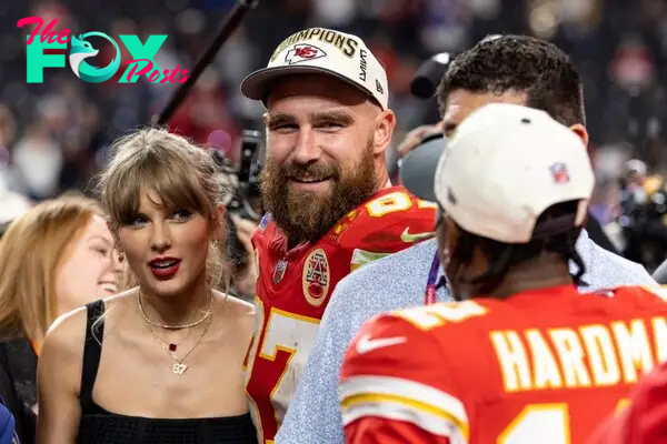 Travis Kelce and Taylor Swift at the 2024 Super Bowl. 