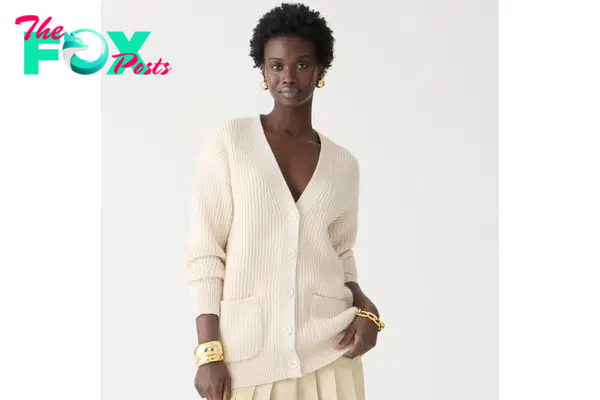 A model in a V-neck cardigan