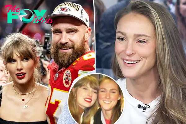 Travis Kelce and Taylor Swift split with Kylie Kelce on the "Today" show with an inset of Taylor and Kylie.