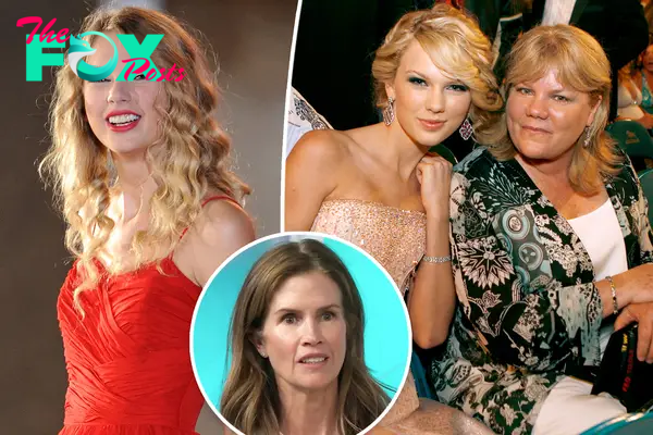 Taylor Swift with her mom split image with inset of Gucci Westman.