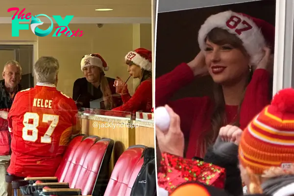 Taylor Swift split image talking to her parents and ed kelce.