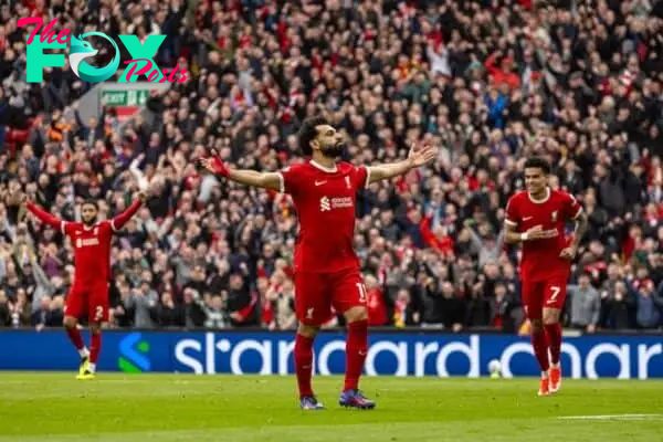 LIVERPOOL, ENGLAND - Sunday, March 31, 2024: Liverpool's Mohamed Salah celebrates after scoring his side's second goal during the FA Premier League match between Liverpool FC and Brighton & Hove Albion FC at Anfield. (Photo by David Rawcliffe/Propaganda)