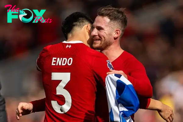 LIVERPOOL, ENGLAND - Sunday, March 31, 2024: Liverpool's Wataru End? (L) and Alexis Mac Allister celebrate after the FA Premier League match between Liverpool FC and Brighton & Hove Albion FC at Anfield. Liverpool won 2-1. (Photo by David Rawcliffe/Propaganda)