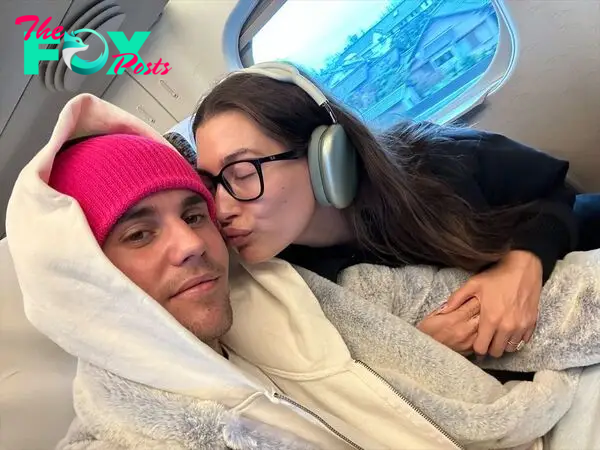 Hailey Bieber and Justin Bieber on a plane.