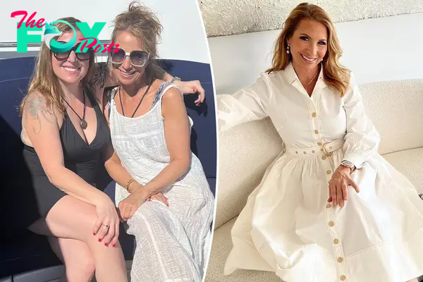 A split photo of Jill Zarin posing with her friend Melinda and another photo of Jill Zarin sitting on a couch