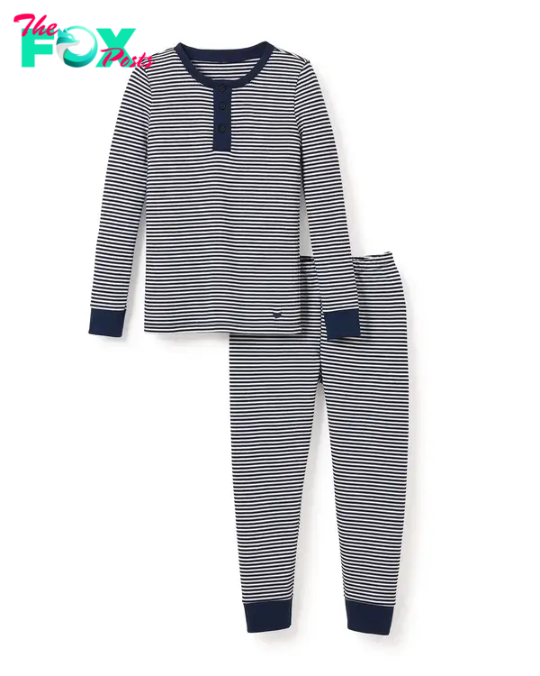 A blue and white striped kids pajama set