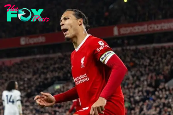 LIVERPOOL, ENGLAND - Wednesday, February 21, 2024: Liverpool's captain Virgil van Dijk celebrates after scoring the first equalising goal during the FA Premier League match between Liverpool FC and Luton Town FC at Anfield. (Photo by David Rawcliffe/Propaganda)