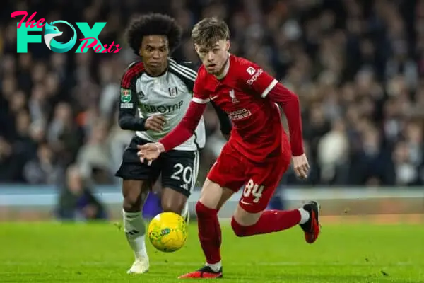 LONDON, ENGLAND - Wednesday, January 24, 2024: Liverpool's Conor Bradley during the Football League Cup Semi-Final 2nd Leg match between Fulham FC and Liverpool FC at Craven Cottage. (Photo by David Rawcliffe/Propaganda)