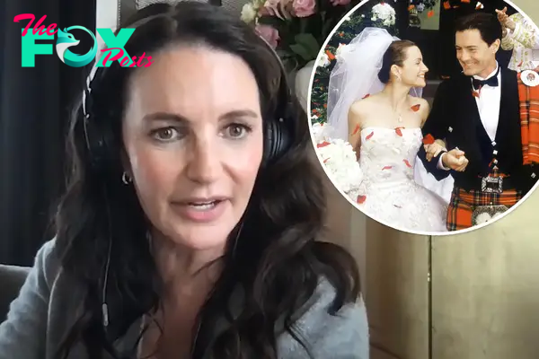 Kristin Davis on the "Best Friend Energy" podcast with an inset of Charlotte's wedding to Trey.