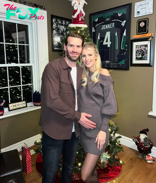 boone jenner cradling his wife maggie's baby bump