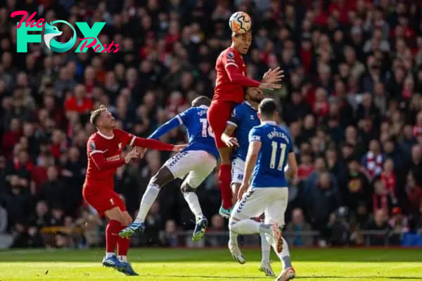 LIVERPOOL, ENGLAND - Saturday, October 21, 2023: Liverpool's captain Virgil van Dijk wins a header during the FA Premier League match between Liverpool FC and Everton FC, the 243rd Merseyside Derby, at Anfield. Liverpool won 2-0. (Photo by David Rawcliffe/Propaganda)