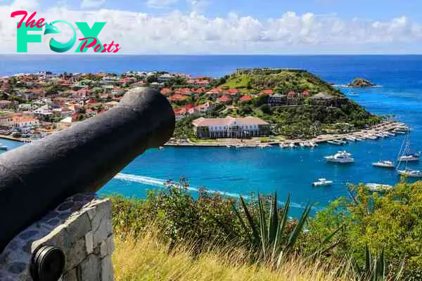 Cannon at Fort Gustaf, view to Fort Oscar, Gustavia, St. Barthelemy