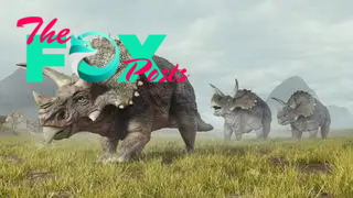 a herd of triceratops walking in a grassy landscape