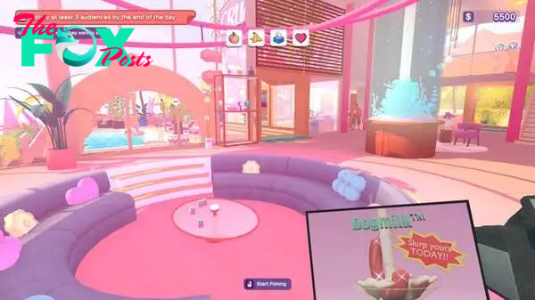 A scene of a circular pink table with purple armchairs in The Crush House, with a video screen showing a ghastly advert for 