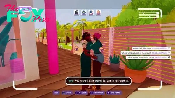 A scene of two characters embracing in The Crush House, with live comments reactions down the righthand side