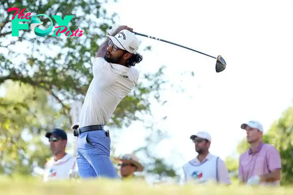 Akshay Bhatia of the United States plays his tee shot on the 17th hole during the first round of the Valero Texas Open at TPC San Antonio.
