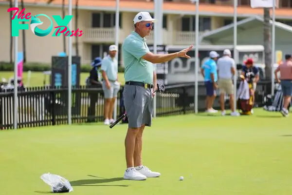 Apr 3, 2024; Miami, Florida, USA; Phil Mickelson works on a putting green during during a LIV Golf Miami practice round at Trump National Doral. Mandatory Credit: Sam Navarro-USA TODAY Sports