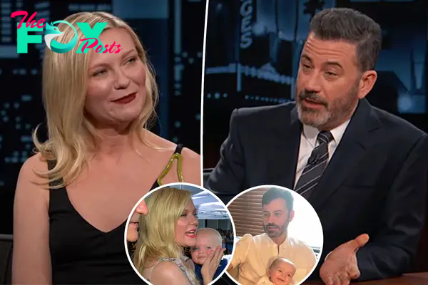 Jimmy Kimmel and Kristen Dunst split image with insets of their sons.