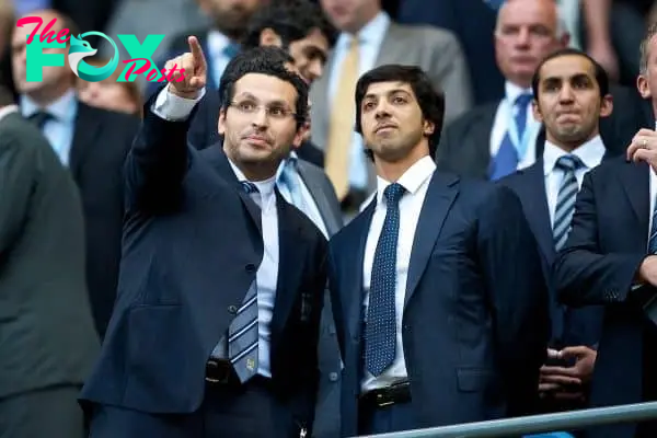 MANCHESTER, ENGLAND - Monday, August 23, 2010: Manchester City's Chairman Khaldoon Al Mubarak (L) with Owner Sheikh Mansour bin Zayed al Nahyan sees his side take on Liverpool in his first ever Premiership match at the City of Manchester Stadium. (Photo by David Rawcliffe/Propaganda)