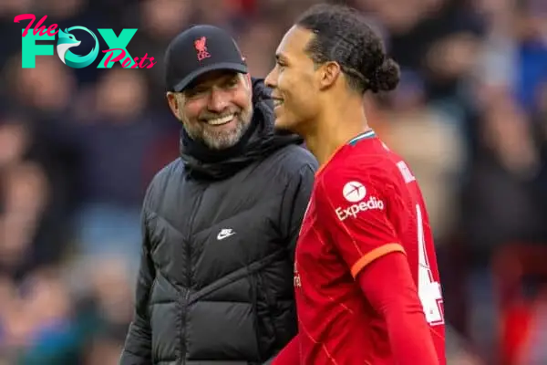 LIVERPOOL, ENGLAND - Sunday, February 6th, 2022: Liverpool's manager Jurgen Klopp (L) celebrates with Virgil van Dijk after the FA Cup 4th Round match between Liverpool FC and Cardiff City FC at Anfield. Liverpool won 3-1. (Pic by David Rawcliffe/Propaganda)