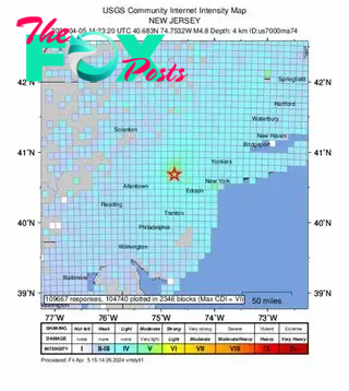 Map of where New Jersey earthquake was felt, with the quake's origin marked with a star