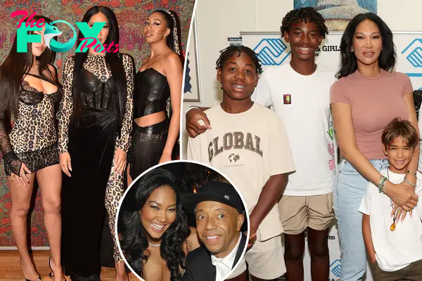 Kimora Lee Simmons with her daughters, split with the reality star and her sons, as well as an inset of Kimora and Russell Simmons