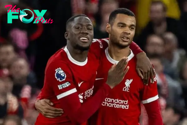 LIVERPOOL, ENGLAND - Thursday, April 4, 2024: Liverpool's Cody Gakpo (R) celebrates with mate Ibrahima Konaté after scoring the third goal during the FA Premier League match between Liverpool FC and Sheffield United FC at Anfield. (Photo by David Rawcliffe/Propaganda)