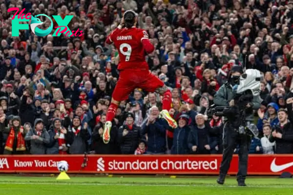 LIVERPOOL, ENGLAND - Thursday, April 4, 2024: Liverpool's Darwin Núñez celebrates after scoring the first goal during the FA Premier League match between Liverpool FC and Sheffield United FC at Anfield. (Photo by David Rawcliffe/Propaganda)