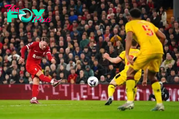Liverpool's Alexis Mac Allister scores their side's second goal of the game during the Premier League match at Anfield, Liverpool. Picture date: Thursday April 4, 2024.