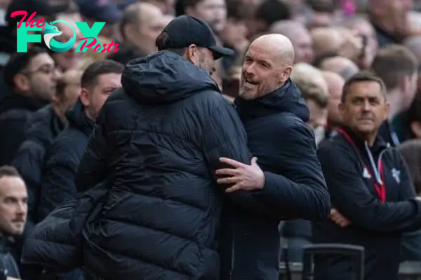 MANCHESTER, ENGLAND - Sunday, March 17, 2024: Liverpool's manager Jürgen Klopp (L) greets Manchester United's manager Erik ten Hag before the FA Cup Quarter-Final match between Manchester United FC and Liverpool FC at Old Trafford. (Photo by David Rawcliffe/Propaganda)