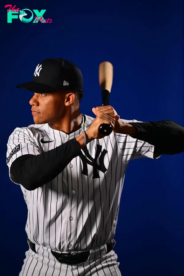 TAMPA, FLORIDA - FEBRUARY 21: Juan Soto #22 of the New York Yankees poses during the 2024 New York Yankees Photo Day at George M. Steinbrenner Field on February 21, 2024 in Tampa, Florida.   Julio Aguilar/Getty Images/AFP (Photo by Julio Aguilar / GETTY IMAGES NORTH AMERICA / Getty Images via AFP)