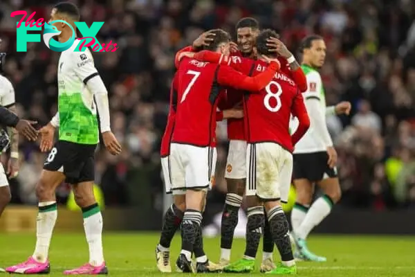 MANCHESTER, ENGLAND - Sunday, March 17, 2024: Manchester United's Marcus Rashford celebrates with team-mates after the FA Cup Quarter-Final match between Manchester United FC and Liverpool FC at Old Trafford. Man Utd won 4-3 in extra-time. (Photo by David Rawcliffe/Propaganda)