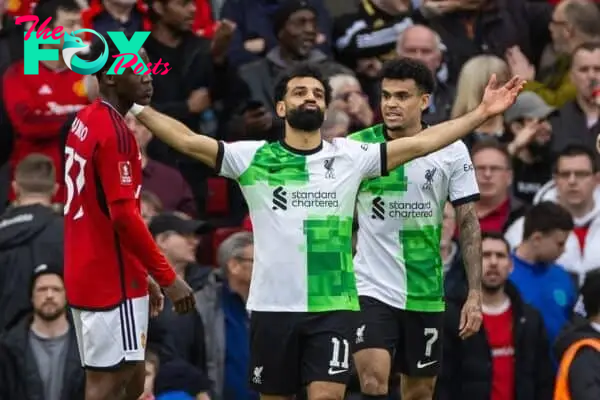 MANCHESTER, ENGLAND - Sunday, March 17, 2024: Liverpool's Mohamed Salah (L) celebrates with team-mate Luis Díaz after scoring the second goal during the FA Cup Quarter-Final match between Manchester United FC and Liverpool FC at Old Trafford. (Photo by David Rawcliffe/Propaganda)