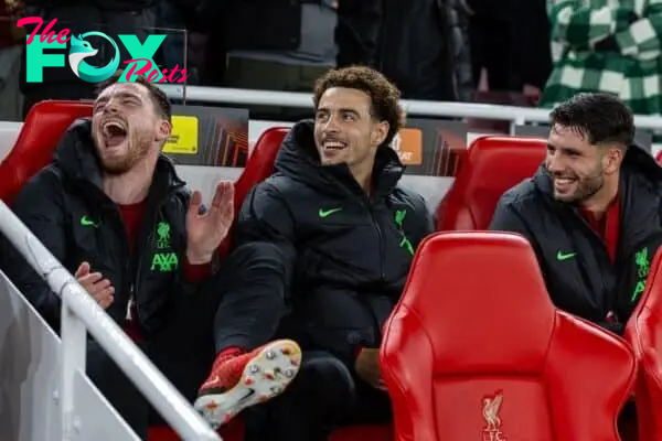 LIVERPOOL, ENGLAND - Thursday, October 5, 2023: Liverpool substitutes (L-R) Andy Robertson, Curtis Jones and Dominik Szoboszlai laugh on the bench before the UEFA Europa League Group E matchday 2 game between Liverpool FC and Union SG at Anfield. (Pic by David Rawcliffe/Propaganda)