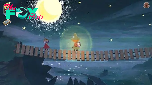 Snufkin and Little My look out at the moon while standing on a rickety bridge in Snufkin: Melody Of Moominvalley.