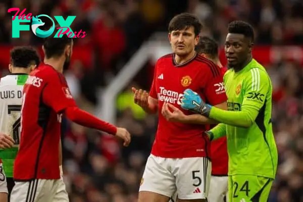 MANCHESTER, ENGLAND - Sunday, March 17, 2024: Manchester United's Harry Maguire (C) argues with captain Bruno Fernandes as goalkeeper André Onana looks on during the FA Cup Quarter-Final match between Manchester United FC and Liverpool FC at Old Trafford. (Photo by David Rawcliffe/Propaganda)