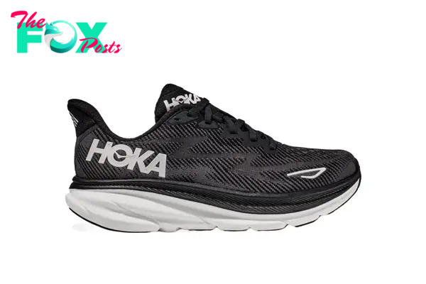 A black and white pair of Hoka Cliftons
