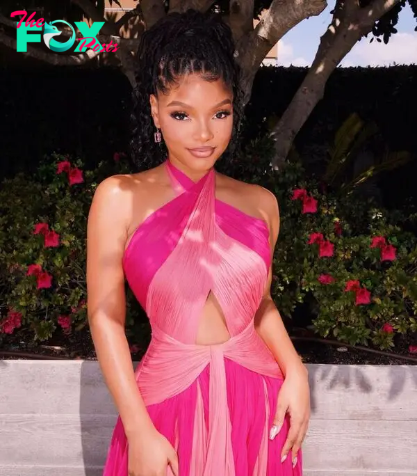 Halle Bailey in a pink dress