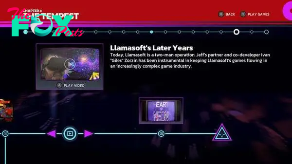 A screen of the timeline from Llamasoft: The Jeff Minter Story. It shows a video clip called Llamasoft's Later Years.