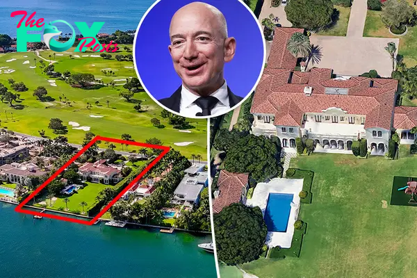 Jeff Bezos inset with his new $90 million Indian Creek Island mansion.