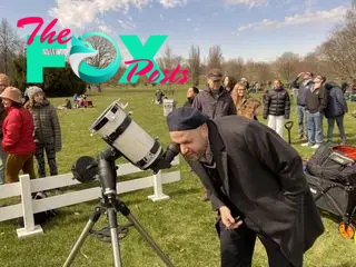 A crowd gathers to look through a telescope with a solar filter at Canada's Royal Botanical Gardens