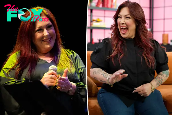 Carnie Wilson with microphone on left, Carnie Wilson laughing on right