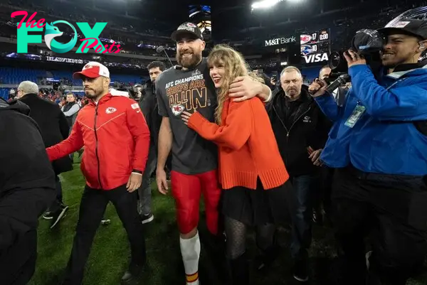Taylor Swift and Travis Kelce after the AFC Championship in January.