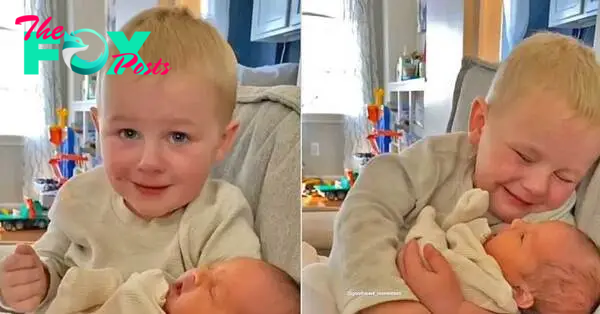 Little boy gets emotional after holding his newborn baby sister for the first time