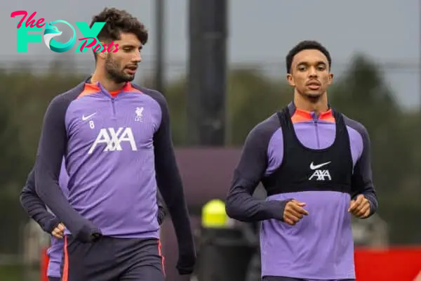 LIVERPOOL, ENGLAND - Wednesday, October 4, 2023: Liverpool's Dominik Szoboszlai (L) and Trent Alexander-Arnold during a training session at the AXA Training Centre ahead of the UEFA Europa League Group E match between Liverpool FC and Union SG. (Pic by David Rawcliffe/Propaganda)