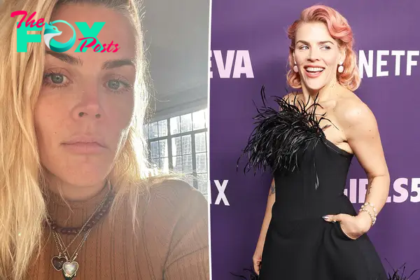 Busy Philipps on left wit no makeup and Busy Philipps posing on red carpet.