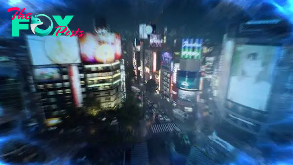 Gliding over the Shibuya Scramble crossing in a Ghostwire Tokyo screenshot.