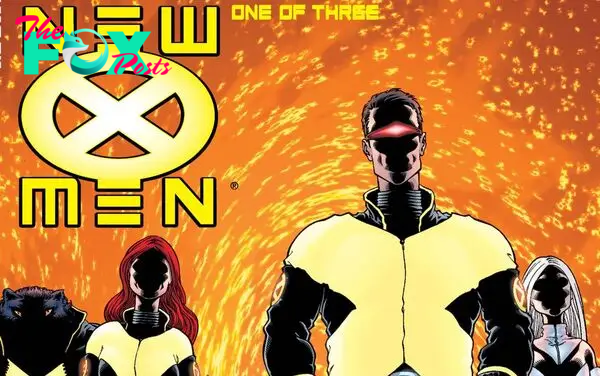 Ltr: Beast, Jean Grey, Cyclops, and Emma Frost on the cover of New X-Men #114, Marvel Comics (2001).