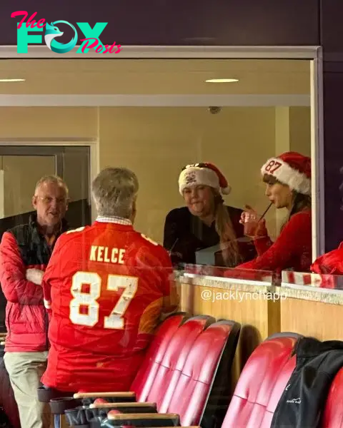 Ed Kelce chatting with Taylor Swift and her mom and dad.