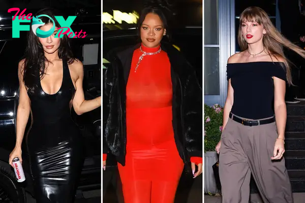 A three-split image of Kylie Jenner, Rihanna and Taylor Swift wearing Alaïa bodysuits